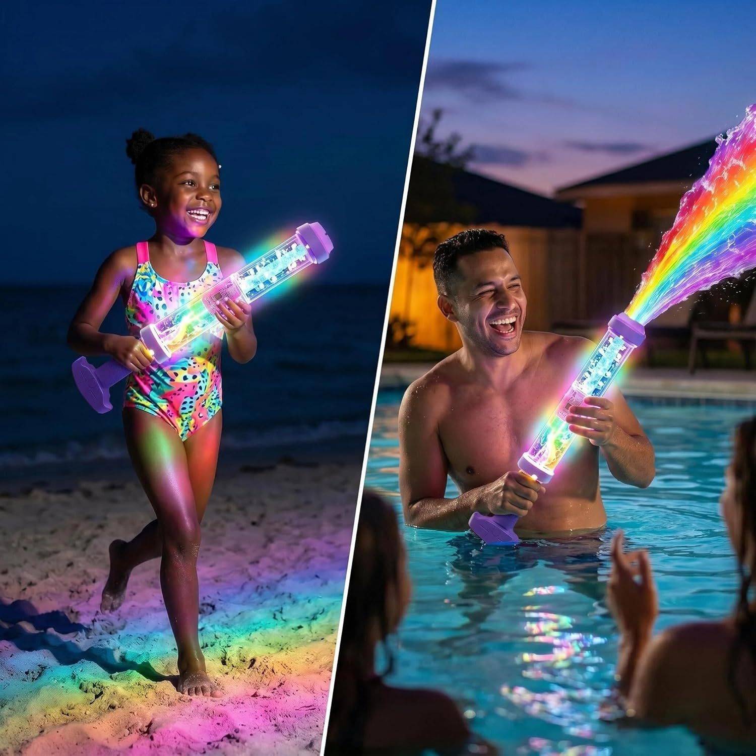 Children using illuminated water blasters during evening outdoor play