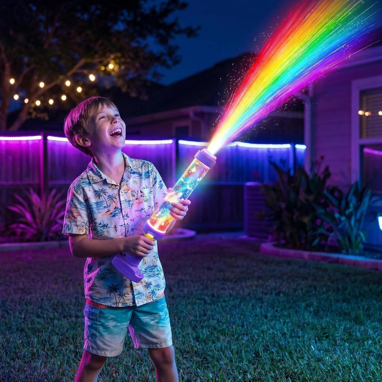 LED rainbow water blaster used outdoors at night